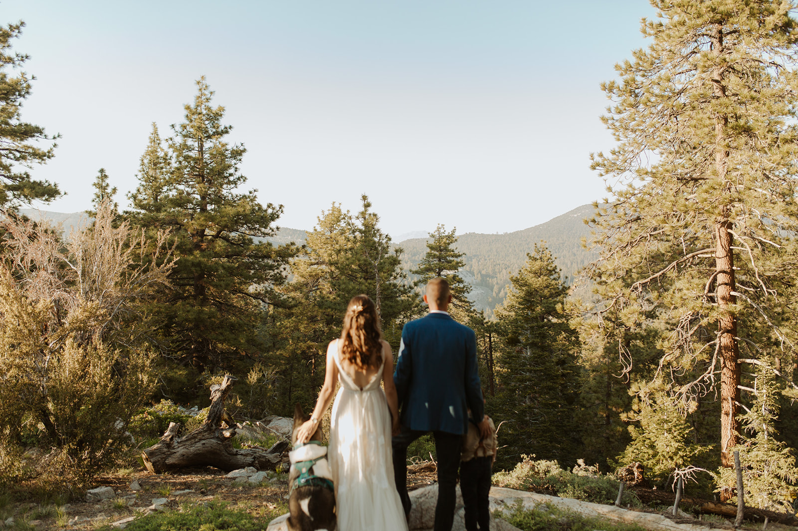 Couple stands at overlook at pacific crest trail elopement