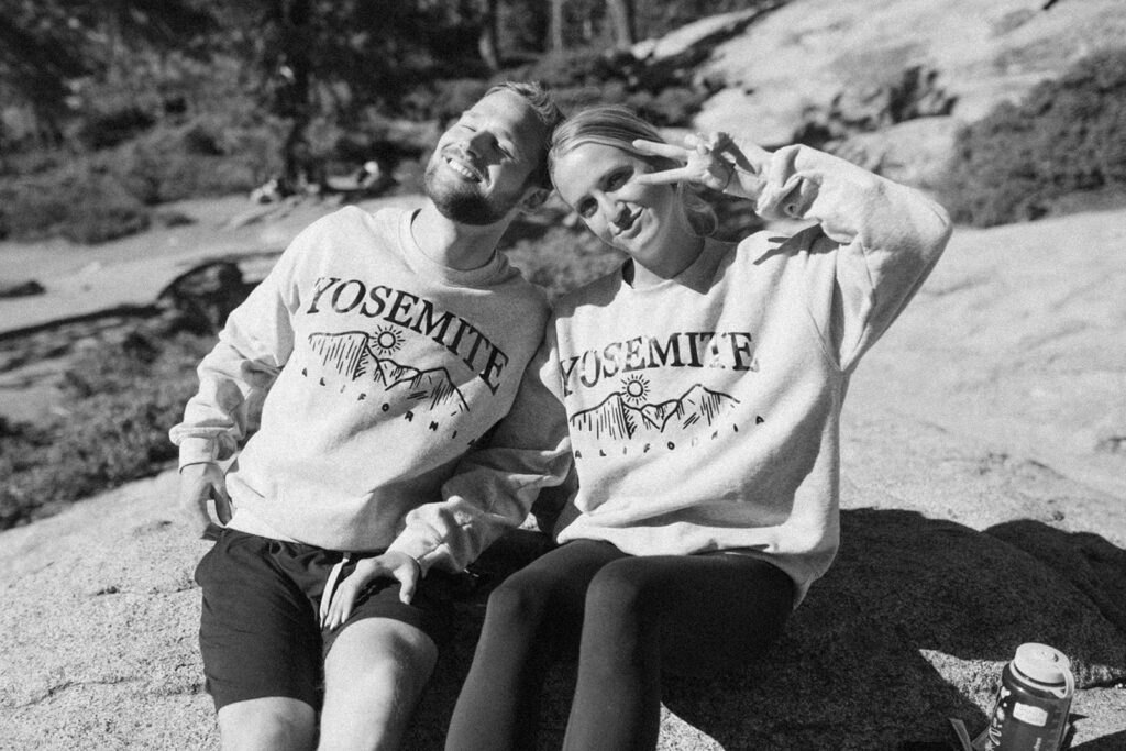 couple wears matching Yosemite sweatshirt at elopement
