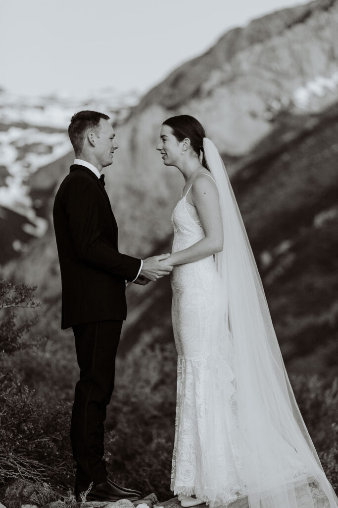 couple holds hands below Sierra Nevada mountains at outdoor elopement