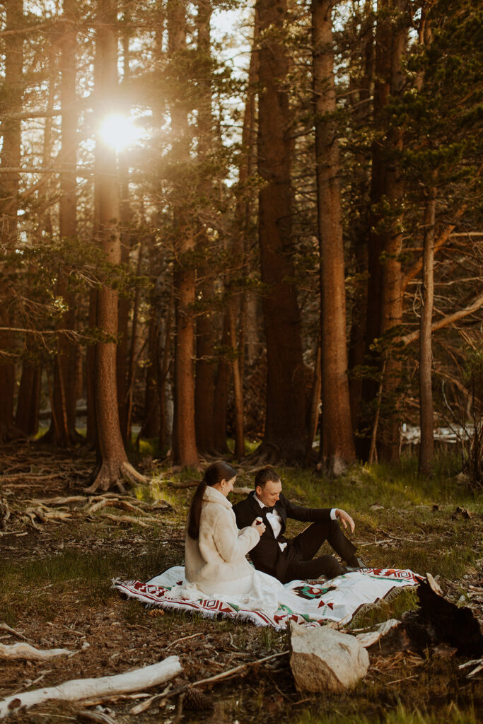 couple sits at picnic by the woods at mountain elopement