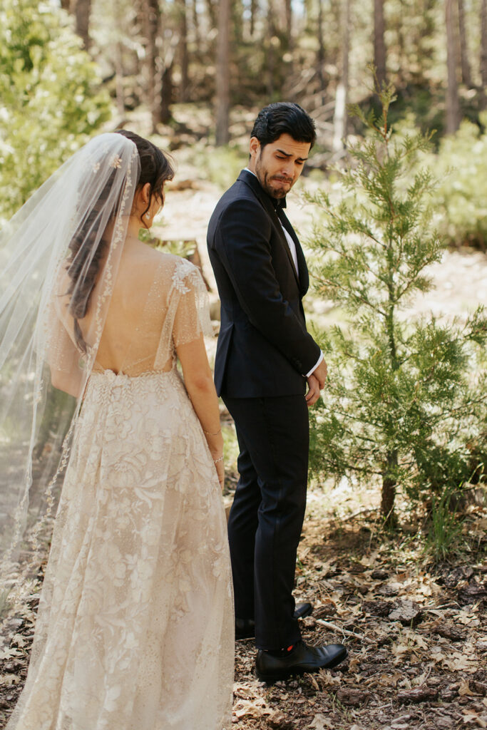 bride surprises groom who cries during Yosemite wedding first look