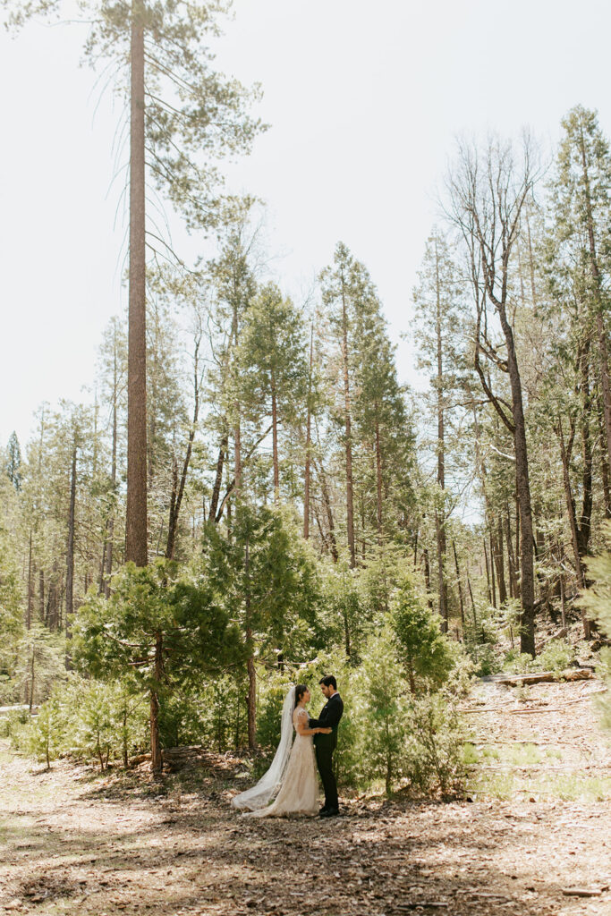 couple embraces during wedding first look in woods