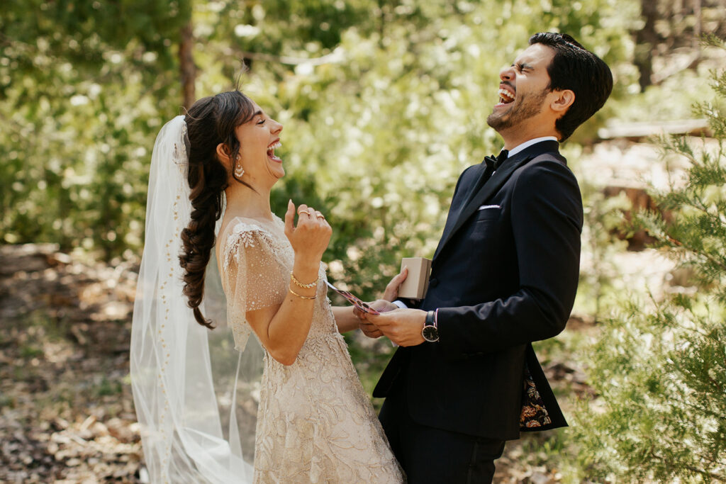 couple laughs during Yosemite wedding first look